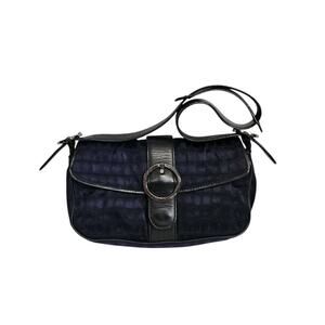 Donald J Pliner Deep Purple Embossed Fabric Leather Strap Y2K Shoulder Bag Purse